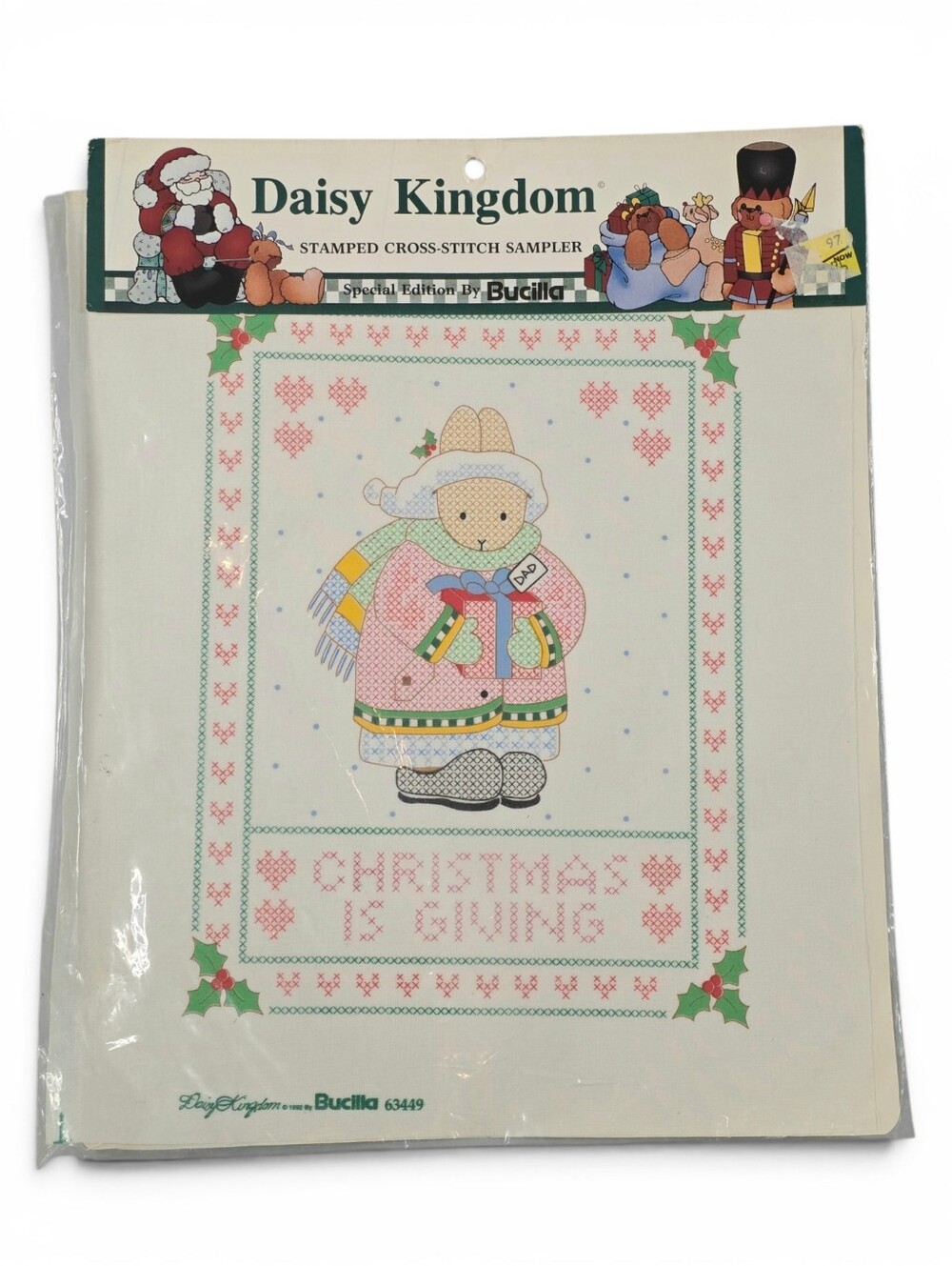 Bucilla Daisy Kingdom Christmas Is Giving Stamped Cross Stitch Sample Vintage 92
